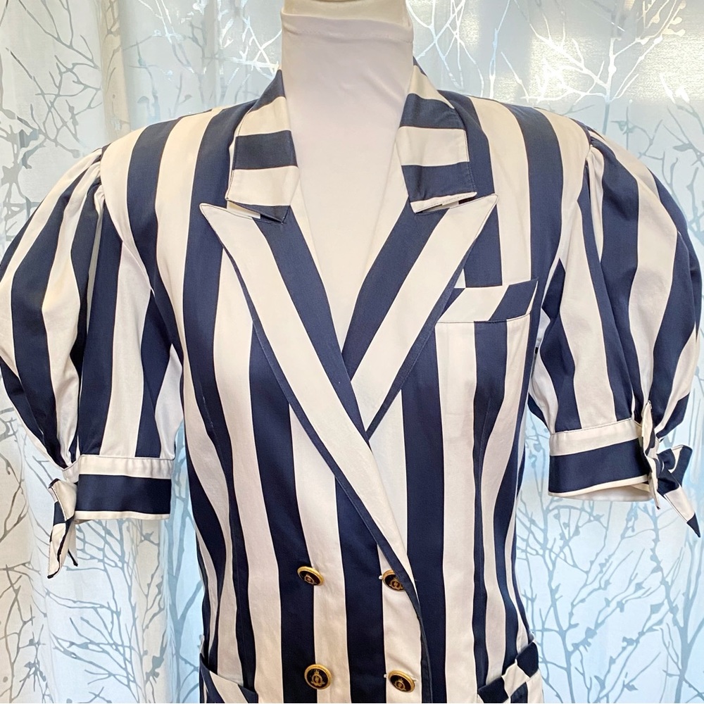 Vintage ALESSANDRINI blue white stripe nautical button ballon sleeve jacket top - Picture 2 of 13